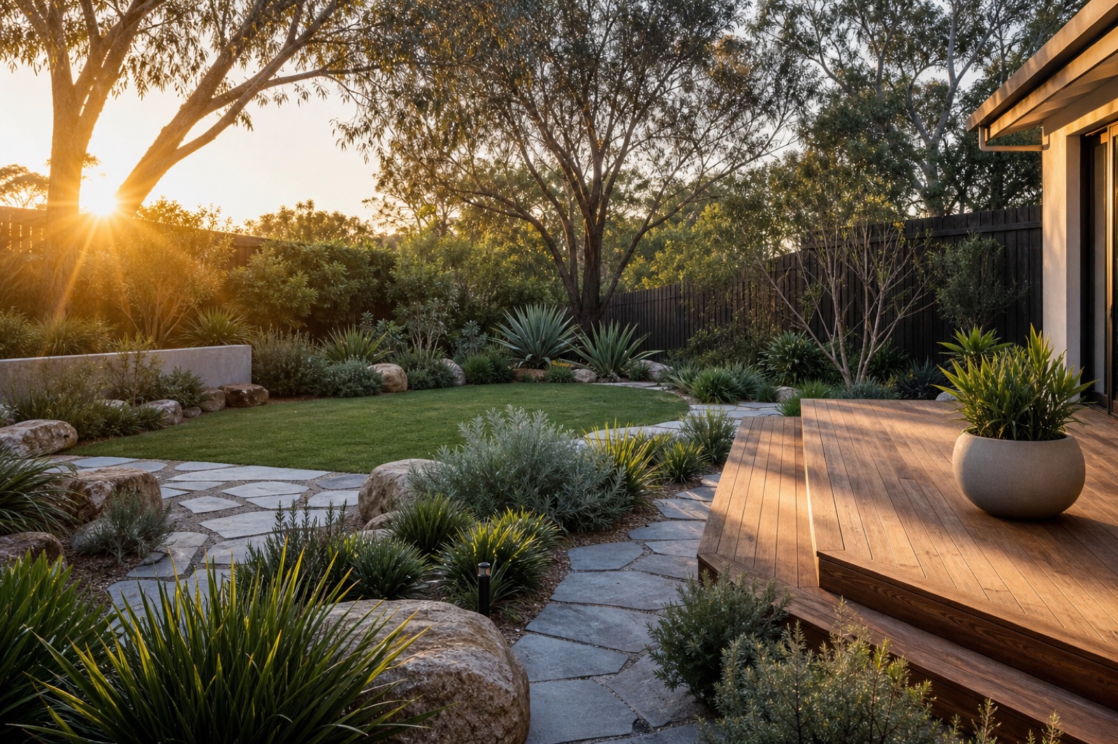 Landscaped backyard in Bayside Melbourne with timber deck, garden beds and lawn